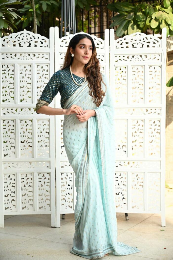 BSBSZ01- sky blue linen saree with silver zari border and Running blouse